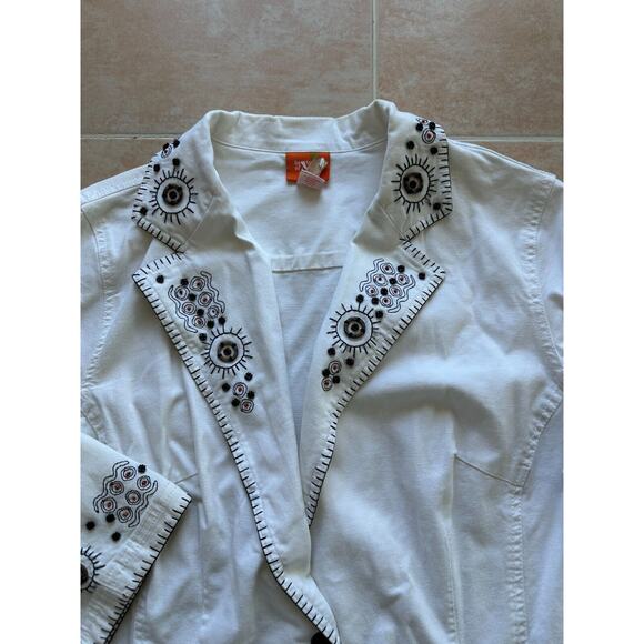 Hearts of Palm White Brown Wood Beads Pockets 3/4 Sleeve Cropped Jacket size 16W - Picture 3 of 13